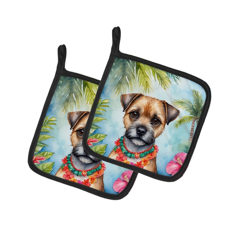 Border Terrier Luau Pot Holders - Set of 2 Decorative Kitchen Helpers | Made in the USA