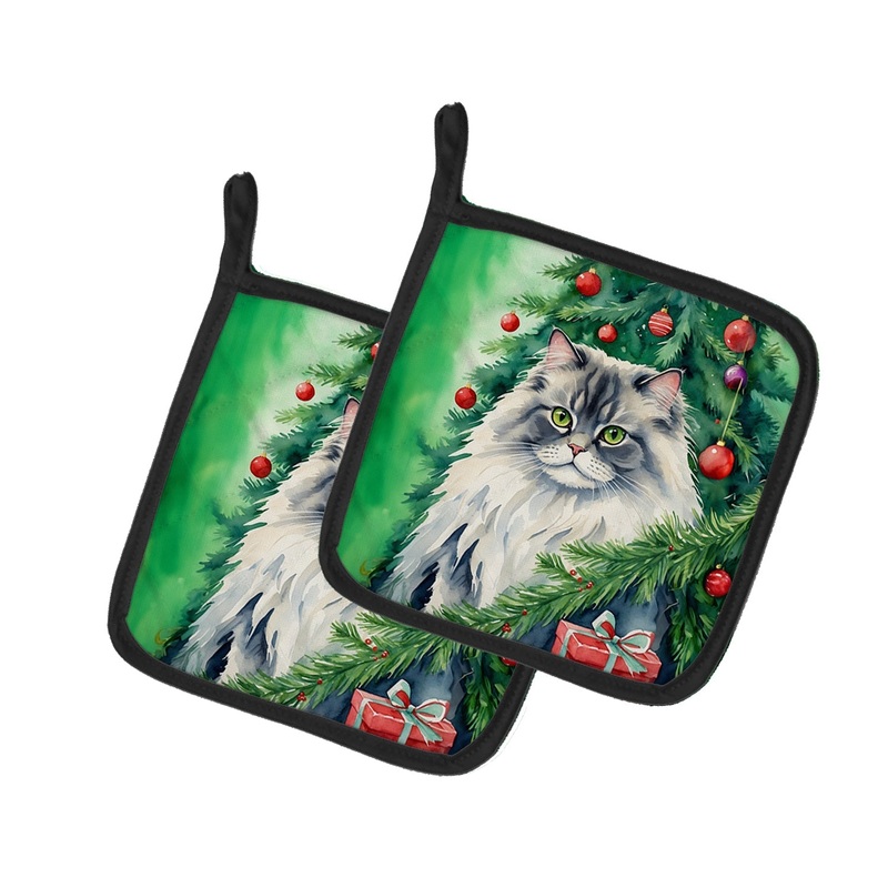 British Longhair Cat By the Christmas Tree Pot Holders - Set of 2 Decorative Kitchen Helpers | Made in the USA