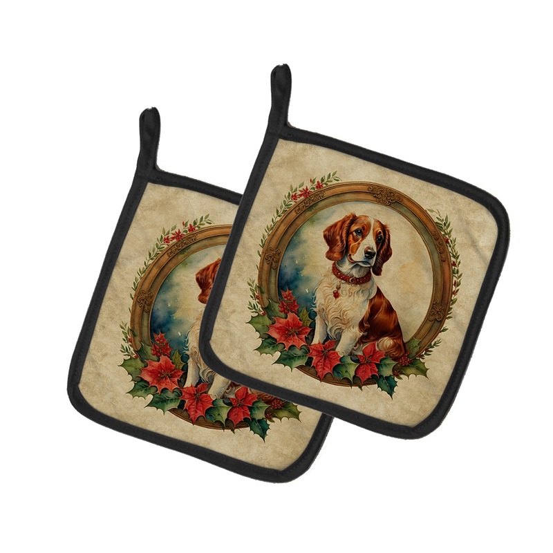 Brittany Spaniel Christmas Flowers Pot Holders - Set of 2 Decorative Kitchen Helpers | Made in the USA
