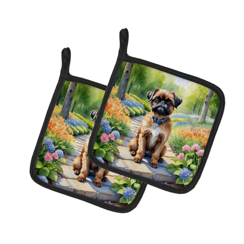 Brussels Griffon Spring Path Pot Holders - Set of 2 Decorative Kitchen Helpers | Made in the USA