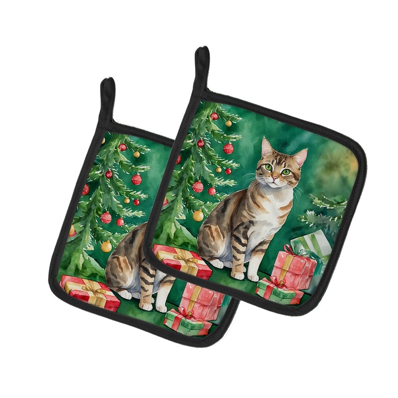 California Spangled Cat By the Christmas Tree Pot Holders - Set of 2 Decorative Kitchen Helpers | Made in the USA