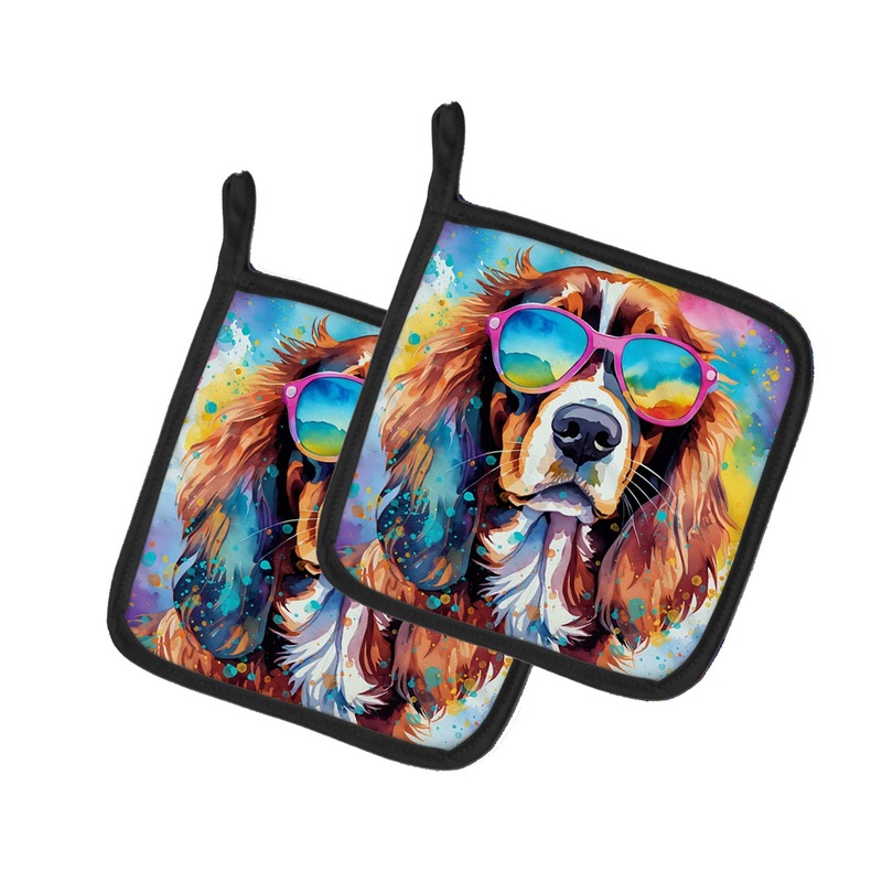 Cavalier Spaniel Hippie Dawg Pot Holders - Set of 2 Decorative Kitchen Helpers | Made in the USA