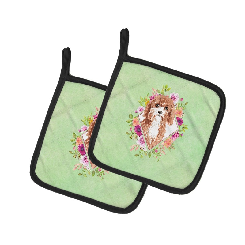 Cavapoo Green Flowers Pot Holders - Set of 2 - Heat-Resistant Kitchen Essentials CK4407PTHD