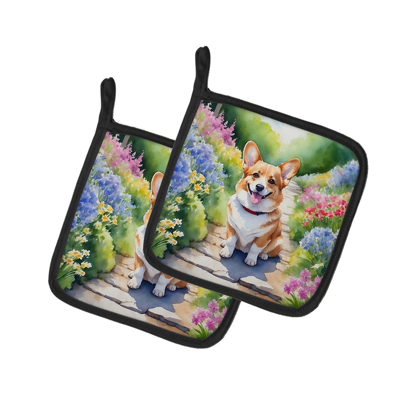Corgi Spring Path Pot Holders - Set of 2 Decorative Kitchen Helpers | Made in the USA