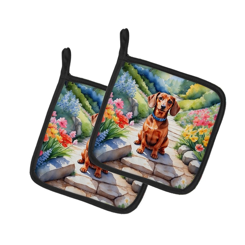 Dachshund Spring Path Pot Holders - Set of 2 Decorative Kitchen Helpers | Made in the USA