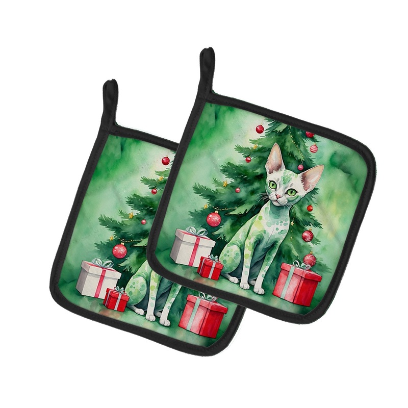 Devon Rex Cat By the Christmas Tree Pot Holders - Set of 2 Decorative Kitchen Helpers | Made in the USA