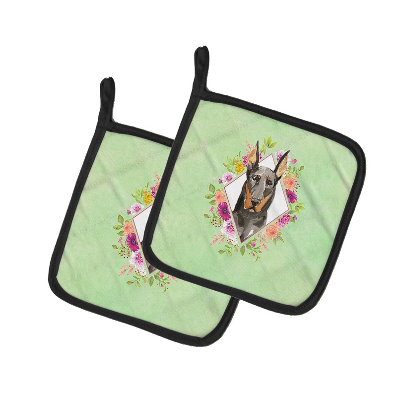 Doberman Pinsher Green Flowers Pot Holders - Set of 2 - Heat-Resistant Kitchen Essentials CK4401PTHD