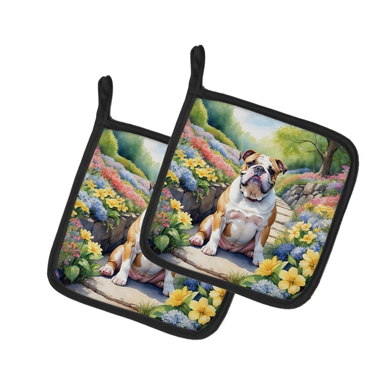 English Bulldog Spring Path Pot Holders - Set of 2 Decorative Kitchen Helpers | Made in the USA