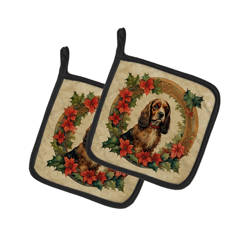 English Cocker Spaniel Christmas Flowers Pot Holders - Set of 2 Decorative Kitchen Helpers | Made in the USA