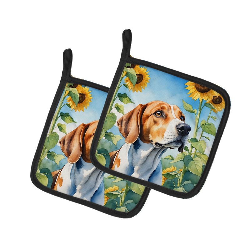 English Foxhound in Sunflowers Pot Holders - Set of 2 Decorative Kitchen Helpers | Made in the USA