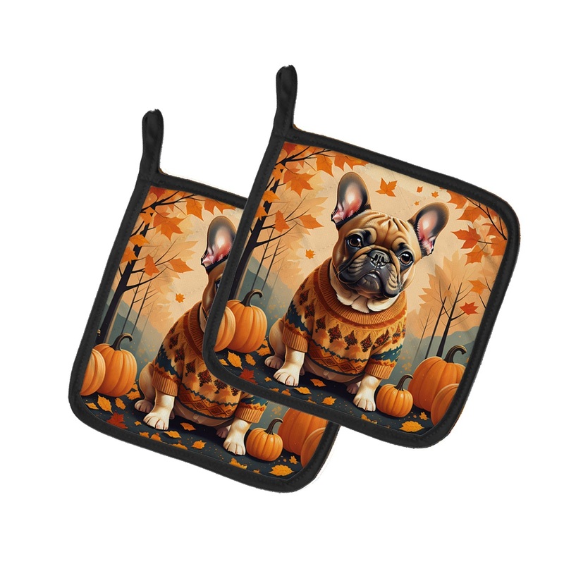 Fawn French Bulldog Fall Pot Holders - Set of 2 Decorative Kitchen Helpers | Made in the USA