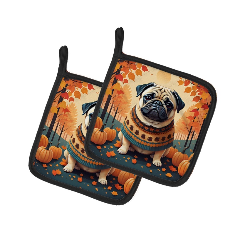 Fawn Pug Fall Pot Holders - Set of 2 Decorative Kitchen Helpers | Made in the USA