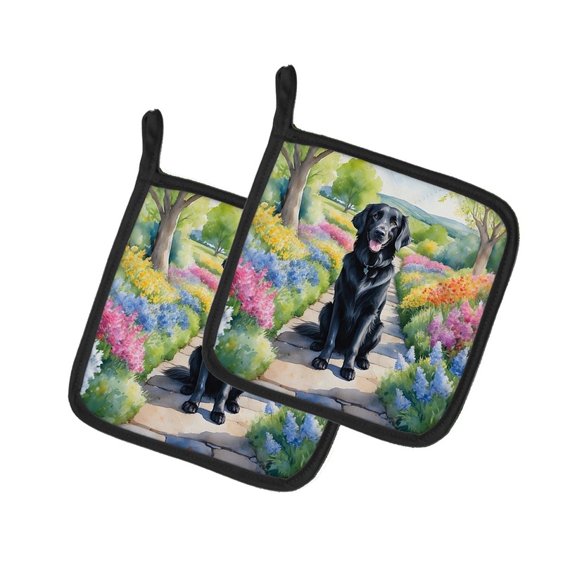 Flat-Coated Retriever Spring Path Pot Holders - Set of 2 Decorative Kitchen Helpers | Made in the USA