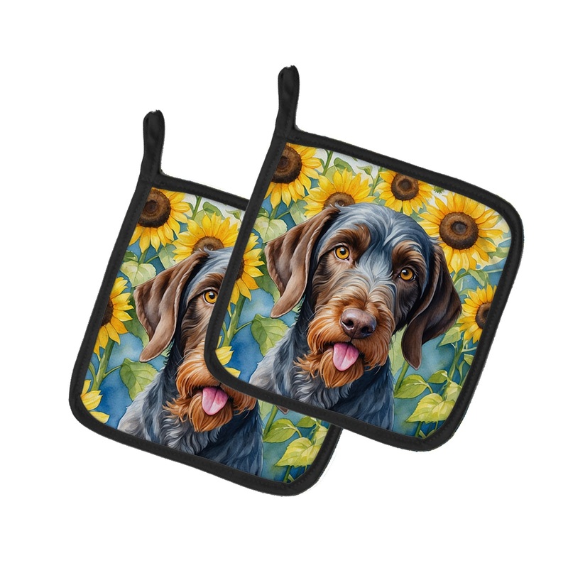 German Wirehaired Pointer in Sunflowers Pot Holders - Set of 2 Decorative Kitchen Helpers | Made in the USA