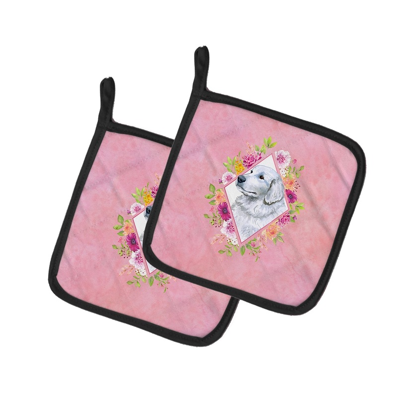 Great Pyrenees Pink Flowers Pot Holders - Set of 2 - Heat-Resistant Kitchen Essentials CK4160PTHD