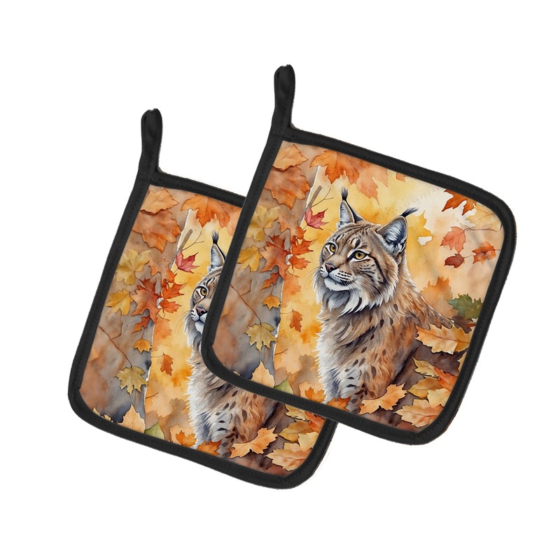 Highlander Lynx Cat in Fall Leaves Pot Holders - Set of 2 Decorative Kitchen Helpers | Made in the USA