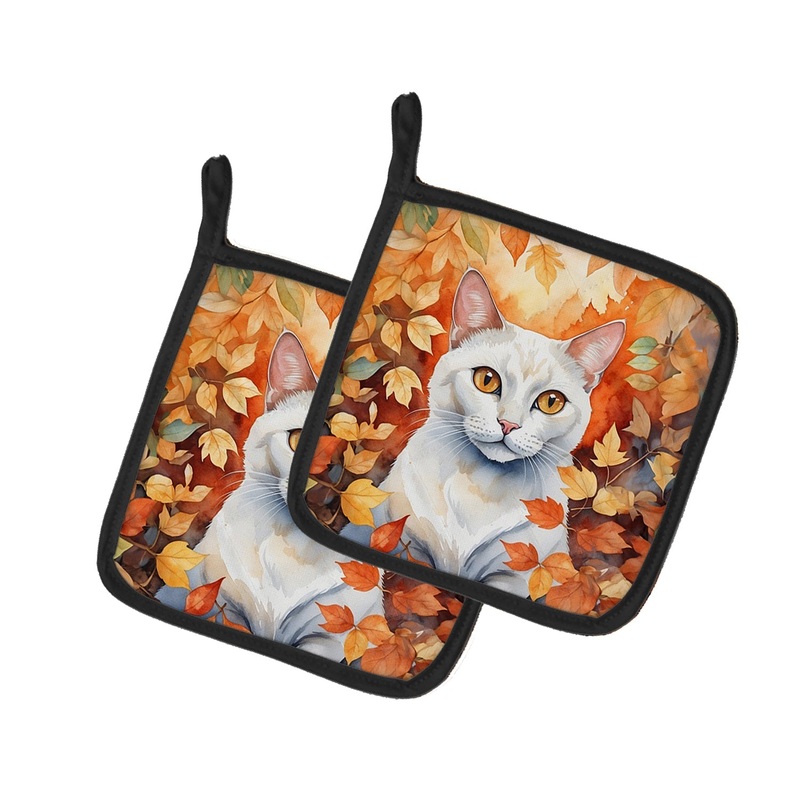 Khao Manee Cat in Fall Leaves Pot Holders - Set of 2 Decorative Kitchen Helpers | Made in the USA