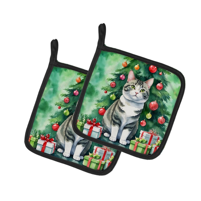 Korean Bobtail Cat By the Christmas Tree Pot Holders - Set of 2 Decorative Kitchen Helpers | Made in the USA