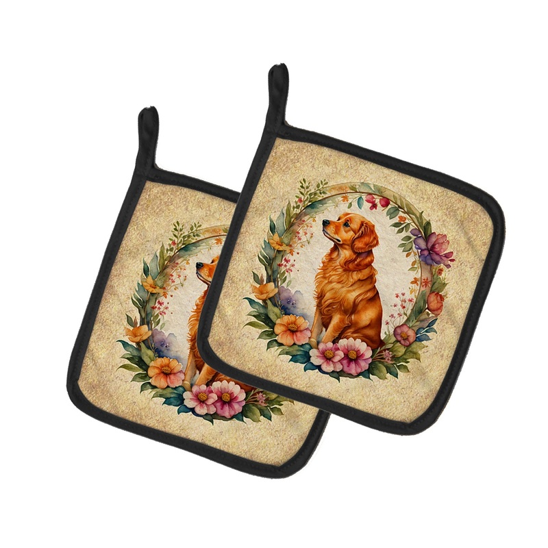 Nova Scotia Duck Tolling Retriever and Flowers Pot Holders - Set of 2 Decorative Kitchen Helpers | Made in the USA
