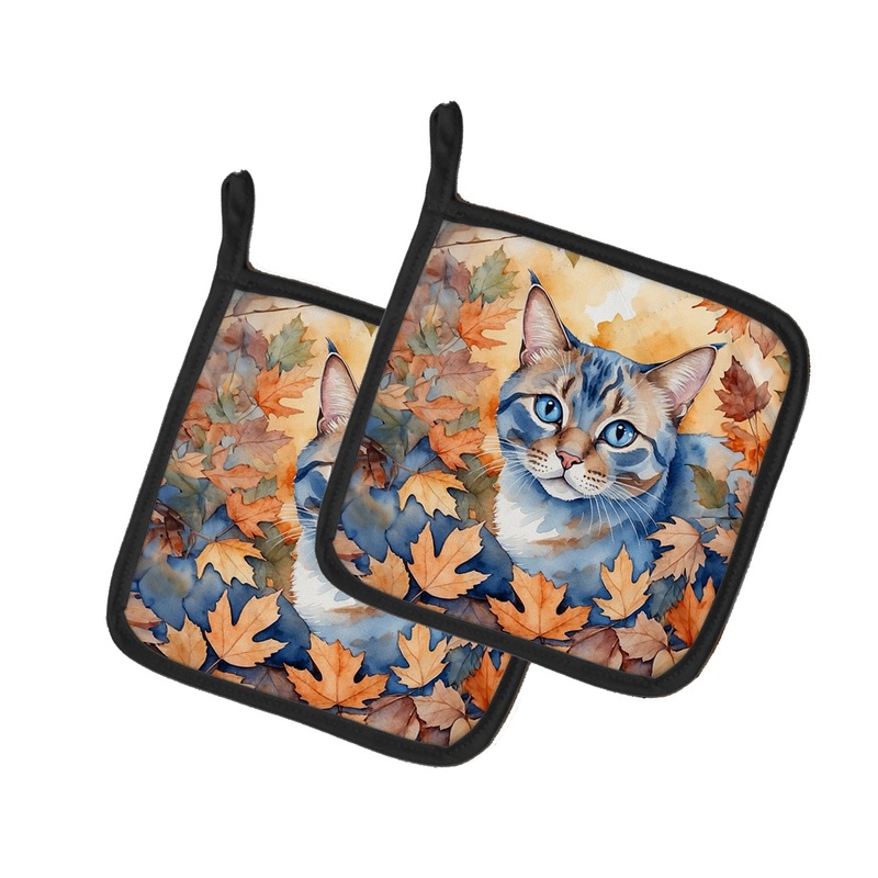 Ojos Azules Cat in Fall Leaves Pot Holders - Set of 2 Decorative Kitchen Helpers | Made in the USA