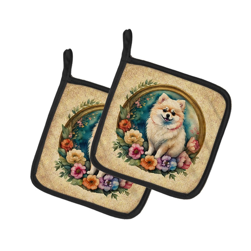 Pomeranian and Flowers Pot Holders - Set of 2 Decorative Kitchen Helpers | Made in the USA