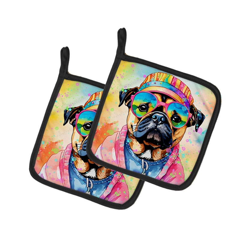 Pug Hippie Dawg Pot Holders - Set of 2 Decorative Kitchen Helpers | Made in the USA