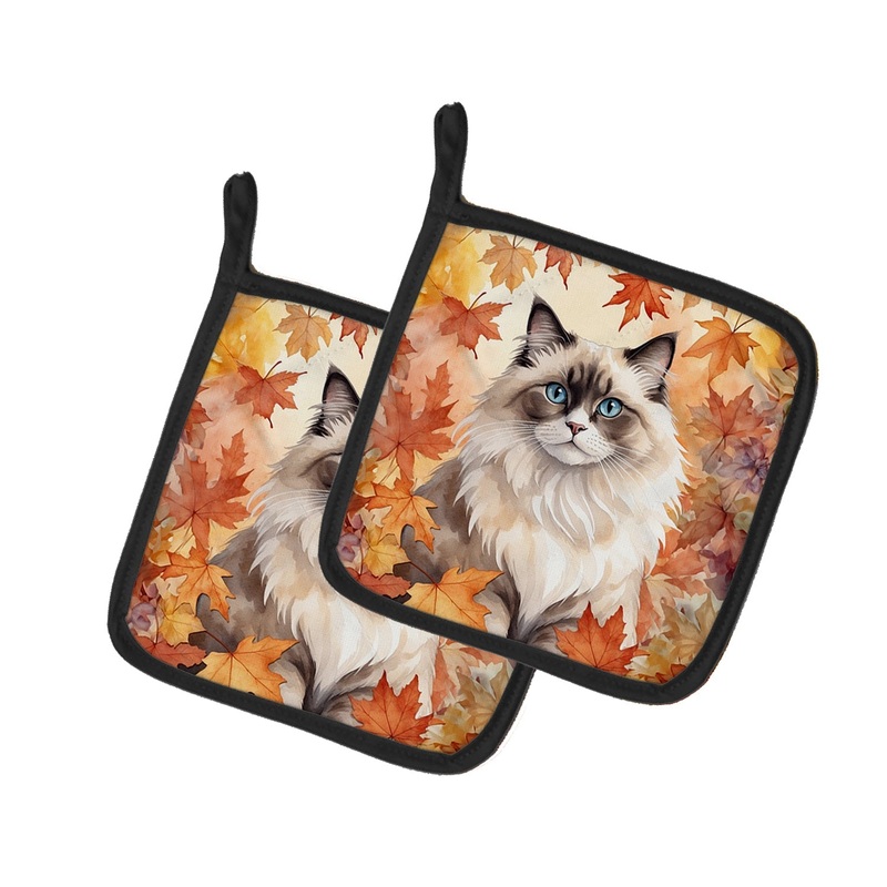 Ragdoll Cat in Fall Leaves Pot Holders - Set of 2 Decorative Kitchen Helpers | Made in the USA