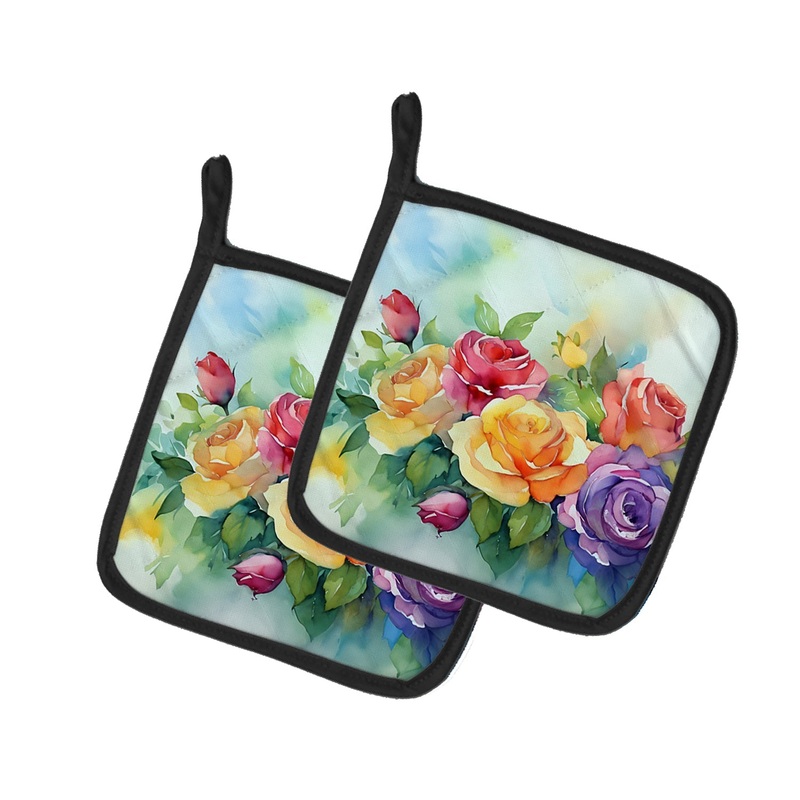 Roses in Watercolor Pot Holders - Set of 2 Decorative Kitchen Helpers | Made in the USA