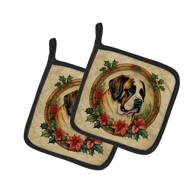 Saint Bernard Christmas Flowers Pot Holders - Set of 2 Decorative Kitchen Helpers | Made in the USA