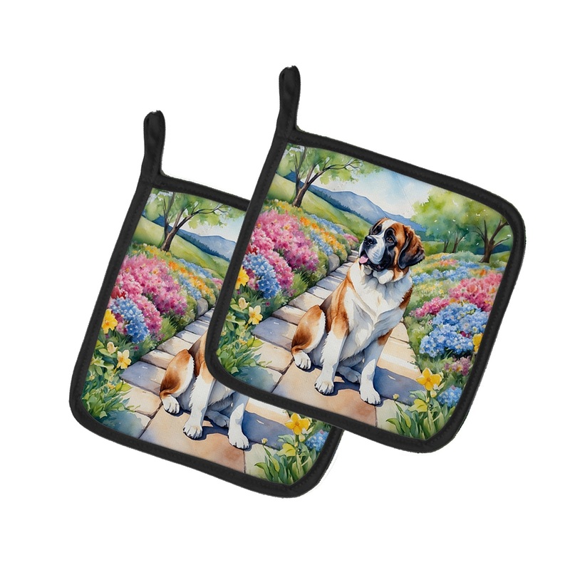 Saint Bernard Spring Path Pot Holders - Set of 2 Decorative Kitchen Helpers | Made in the USA