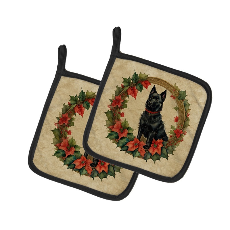 Schipperke Christmas Flowers Pot Holders - Set of 2 Decorative Kitchen Helpers | Made in the USA