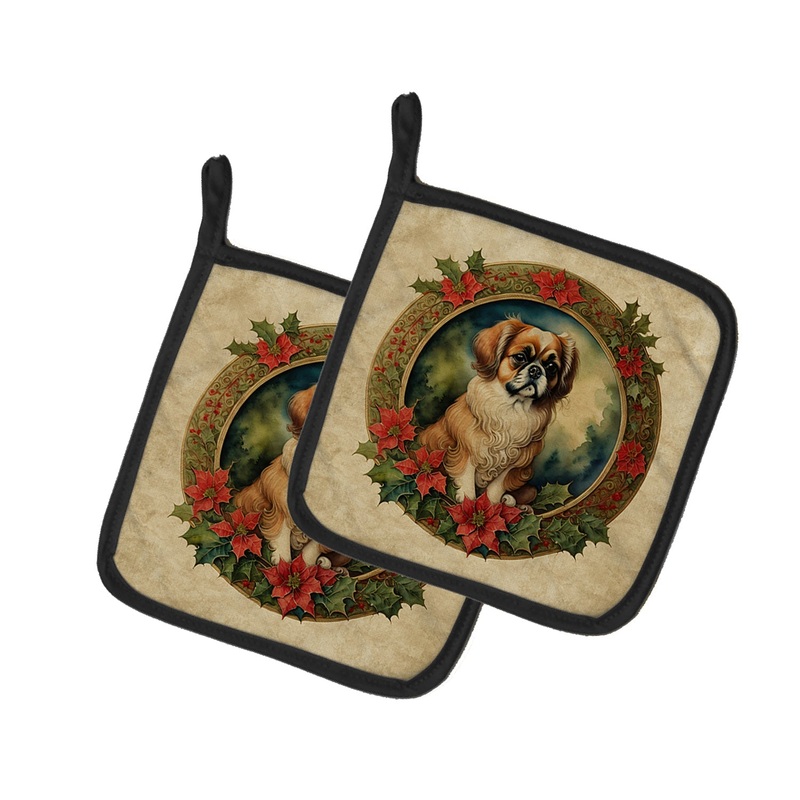 Tibetan Spaniel Christmas Flowers Pot Holders - Set of 2 Decorative Kitchen Helpers | Made in the USA