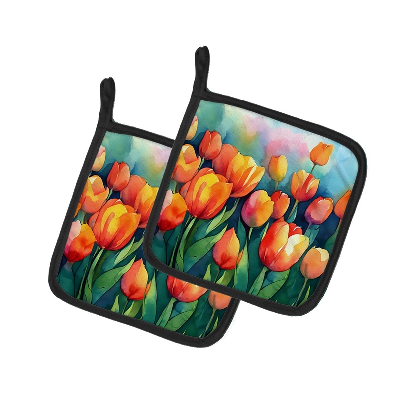 Tulips in Watercolor Pot Holders - Set of 2 Decorative Kitchen Helpers | Made in the USA