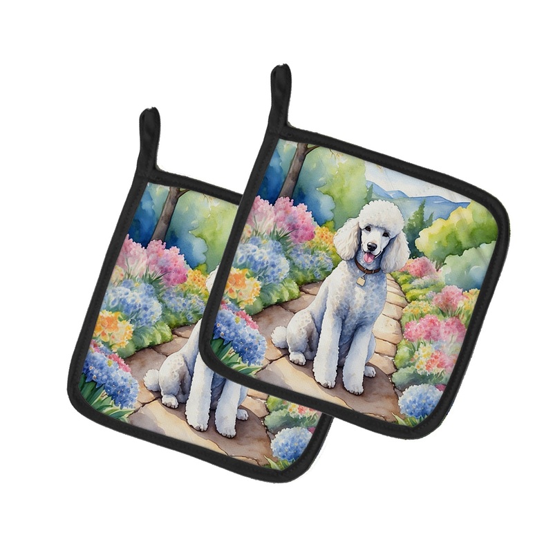 White Poodle Spring Path Pot Holders - Set of 2 Decorative Kitchen Helpers | Made in the USA