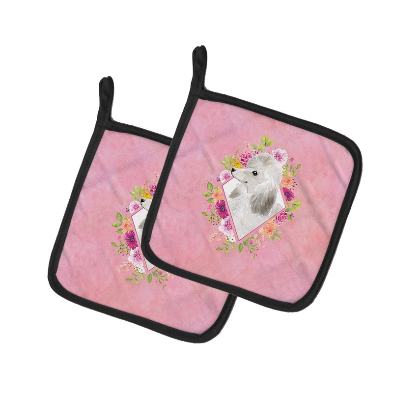 White Standard Poodle Pink Flowers Pot Holders - Set of 2 - Heat-Resistant Kitchen Essentials CK4200PTHD