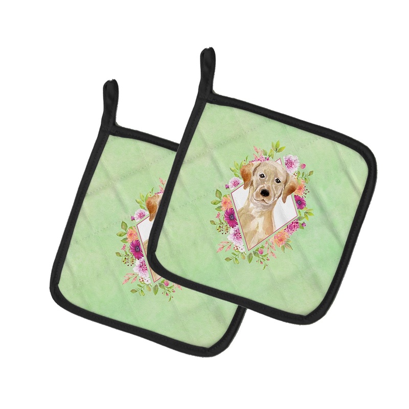 Yellow Lab Green Flowers Pot Holders - Set of 2 - Heat-Resistant Kitchen Essentials CK4387PTHD