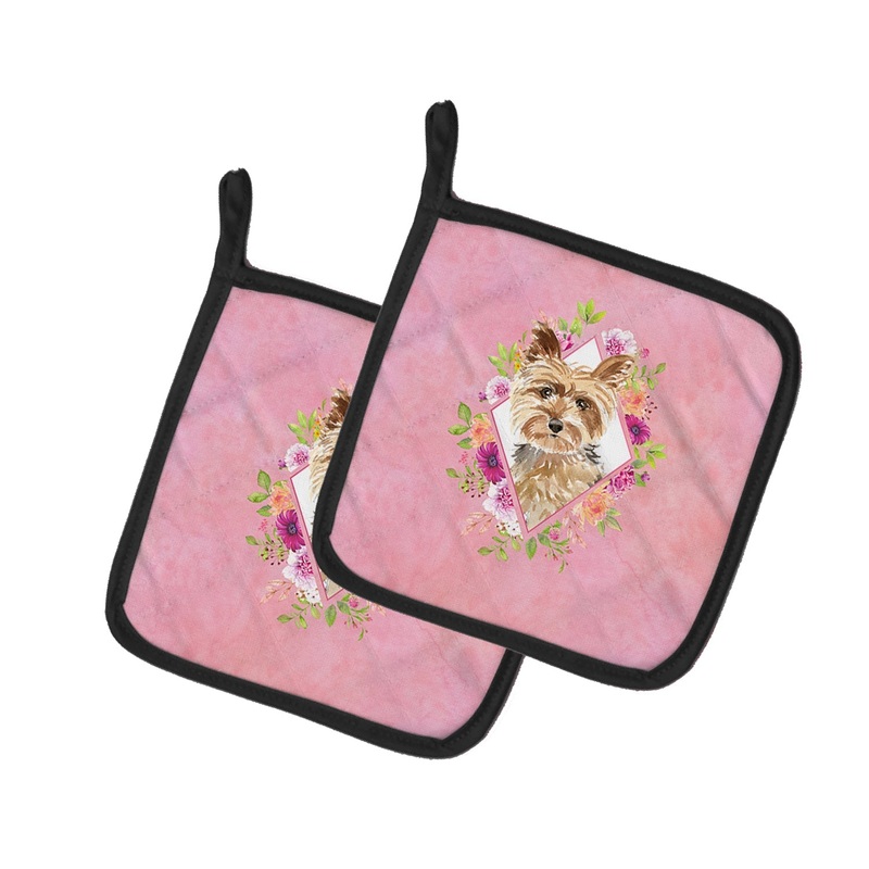 Yorkie Pink Flowers Pot Holders - Set of 2 - Heat-Resistant Kitchen Essentials CK4197PTHD