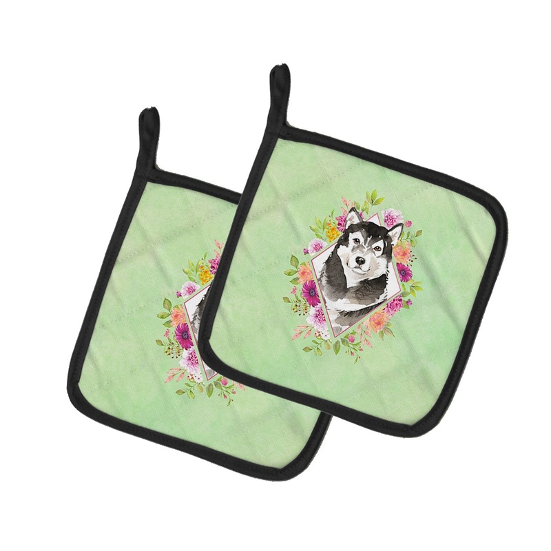Alaskan Malamute Green Flowers Pot Holders - Set of 2 - Heat-Resistant Kitchen Essentials CK4384PTHD
