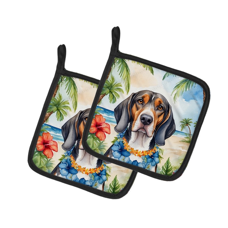 American English Coonhound Luau Pot Holders - Set of 2 Decorative Kitchen Helpers | Made in the USA