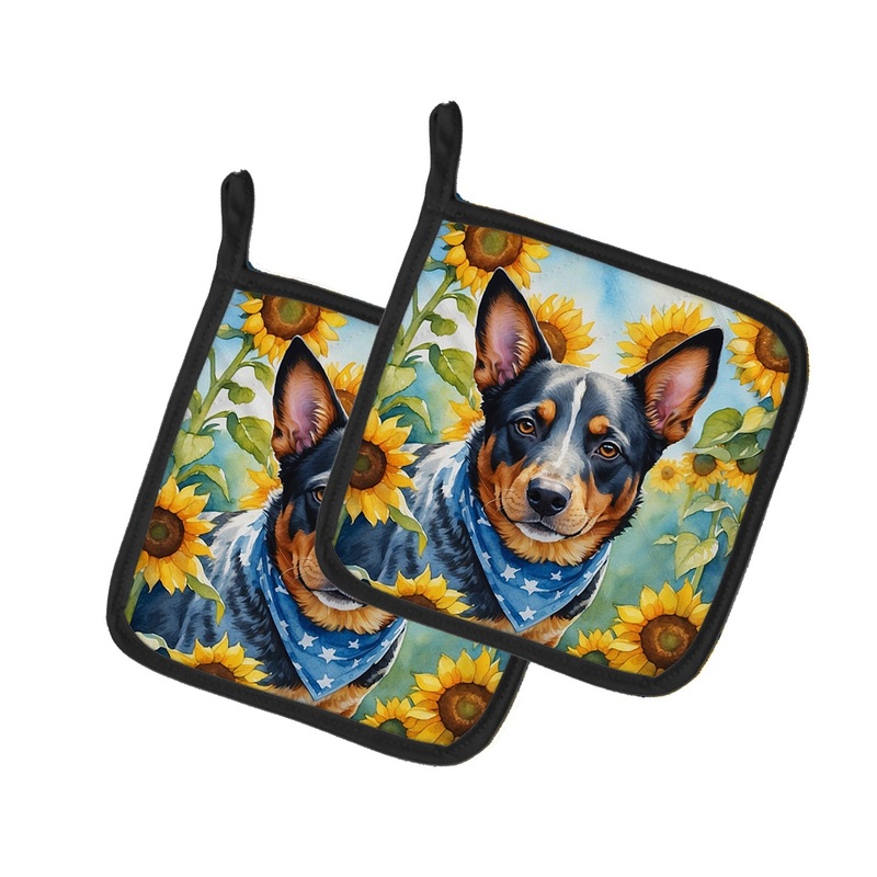 Australian Cattle Dog in Sunflowers Pot Holders - Set of 2 Decorative Kitchen Helpers | Made in the USA