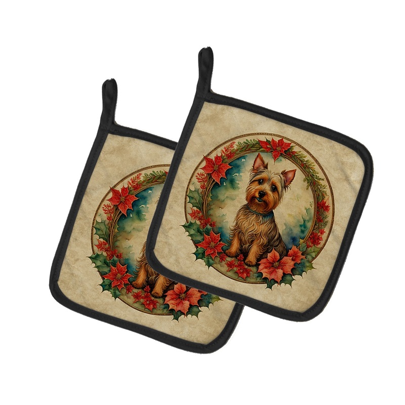 Australian Terrier Christmas Flowers Pot Holders - Set of 2 Decorative Kitchen Helpers | Made in the USA