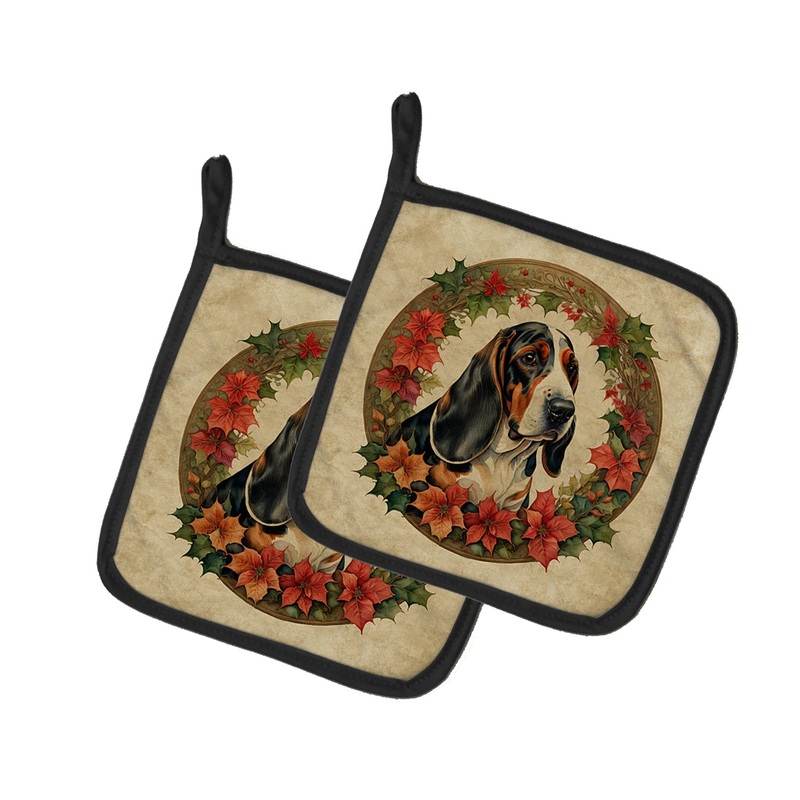 Basset Hound Christmas Flowers Pot Holders - Set of 2 Decorative Kitchen Helpers | Made in the USA
