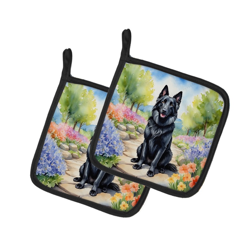 Belgian Sheepdog Spring Path Pot Holders - Set of 2 Decorative Kitchen Helpers | Made in the USA