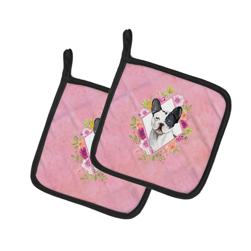 Black and White Frenchie Pink Flowers Pot Holders - Set of 2 - Heat-Resistant Kitchen Essentials CK4260PTHD