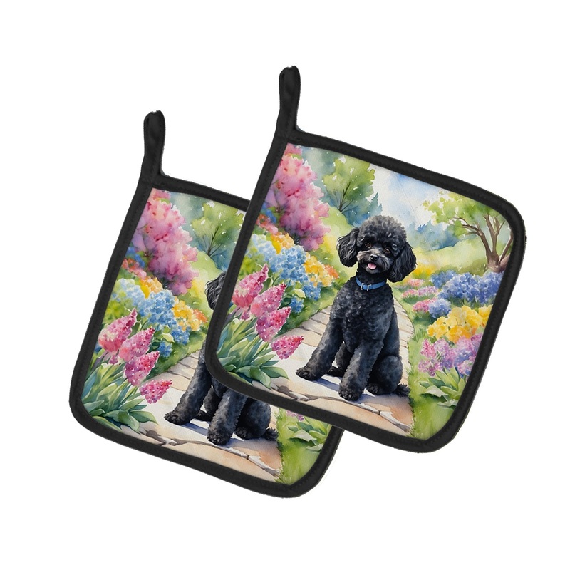 Black Poodle Spring Path Pot Holders - Set of 2 Decorative Kitchen Helpers | Made in the USA