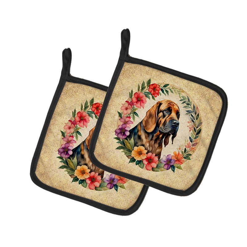 Bloodhound and Flowers Pot Holders - Set of 2 Decorative Kitchen Helpers | Made in the USA