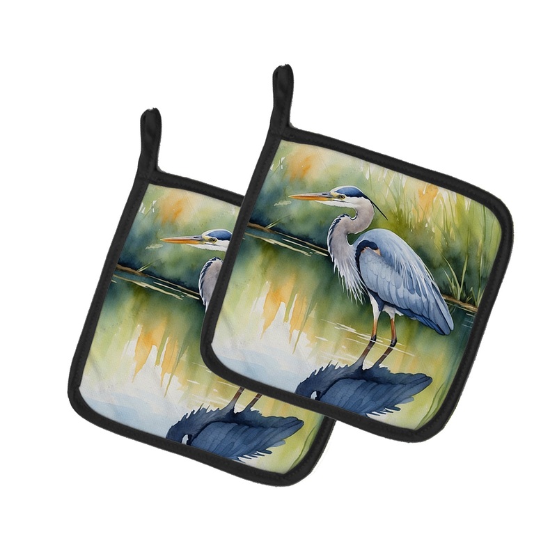 Blue Heron Stalking Prey Pot Holders - Set of 2 Decorative Kitchen Helpers | Made in the USA