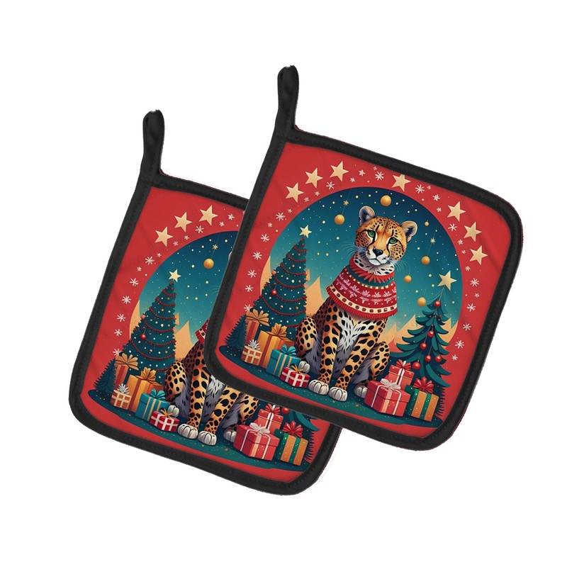 Cheetah Christmas Pot Holders - Set of 2 Decorative Kitchen Helpers | Made in the USA