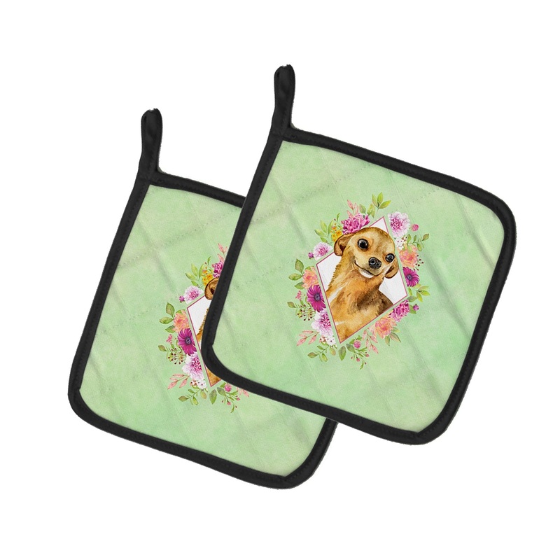 Chihuahua #1 Green Flowers Pot Holders - Set of 2 - Heat-Resistant Kitchen Essentials CK4288PTHD