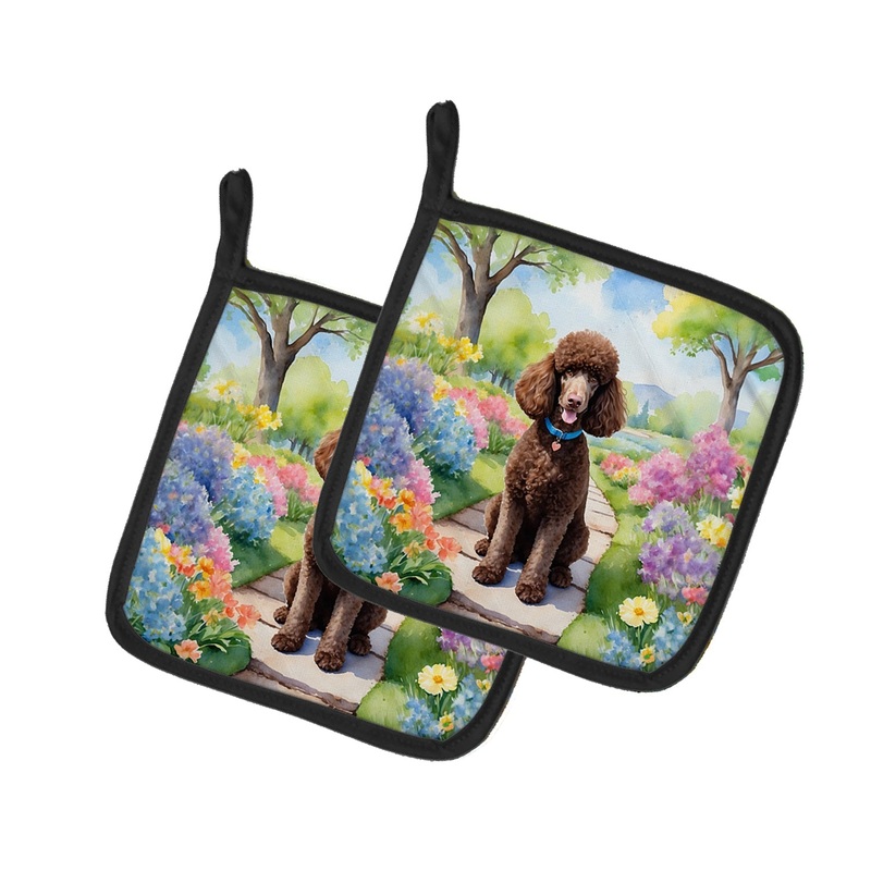 Chocolate Poodle Spring Path Pot Holders - Set of 2 Decorative Kitchen Helpers | Made in the USA